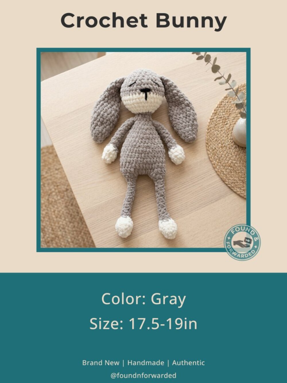 Handmade Crochet Bunny Gray Chenille Amigurumi Plushie Newborn Baby Gift NWT